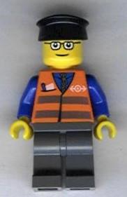 LEGO Minifigure-Orange Vest with Safety Stripes - Dark Bluish Gray Legs, Glasses, Black Hat-Train-TRN120-Creative Brick Builders